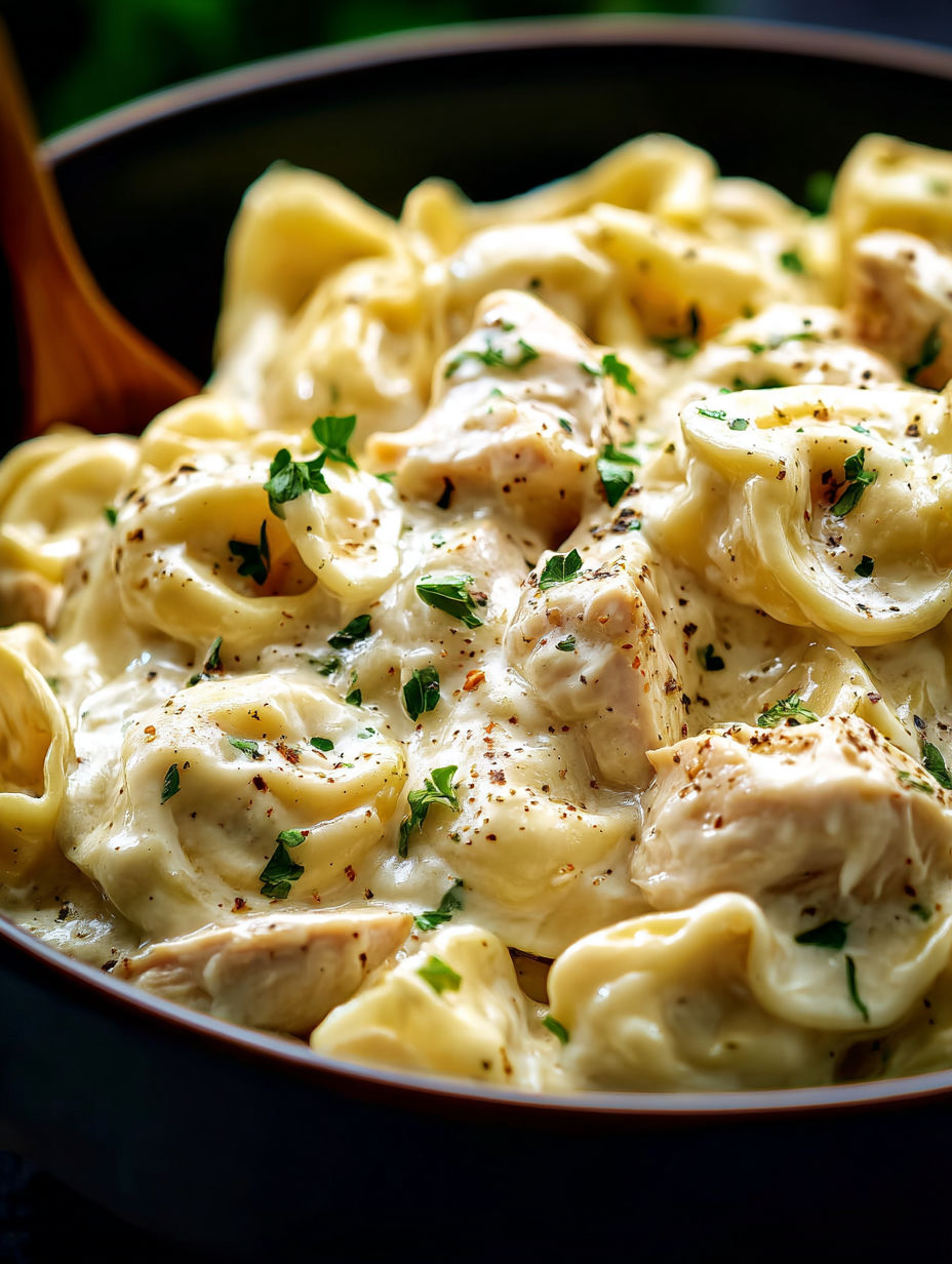 Un tazón de pasta con pollo y queso.
