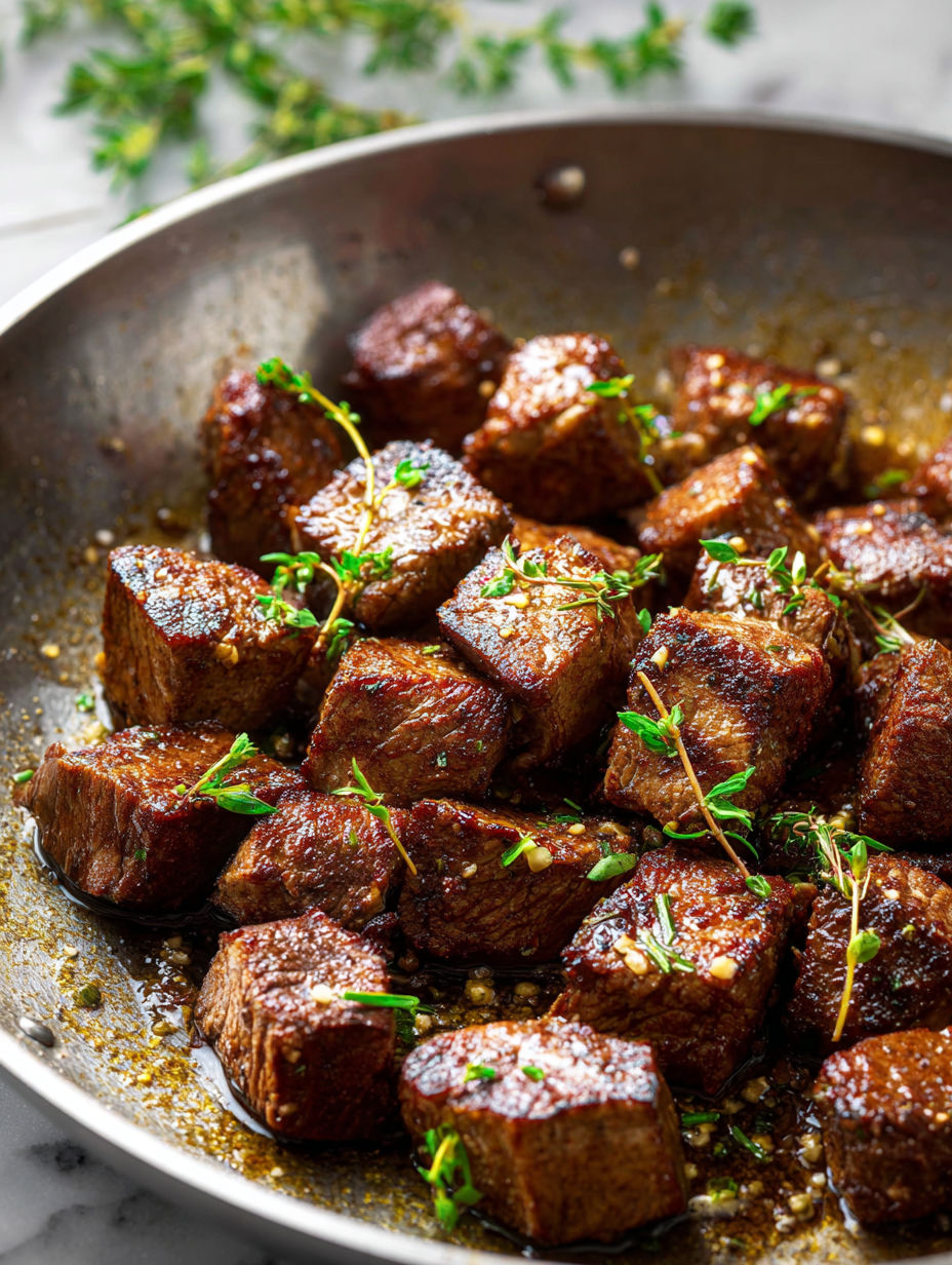 Sartén con bocados de steak con hierbas y especias.