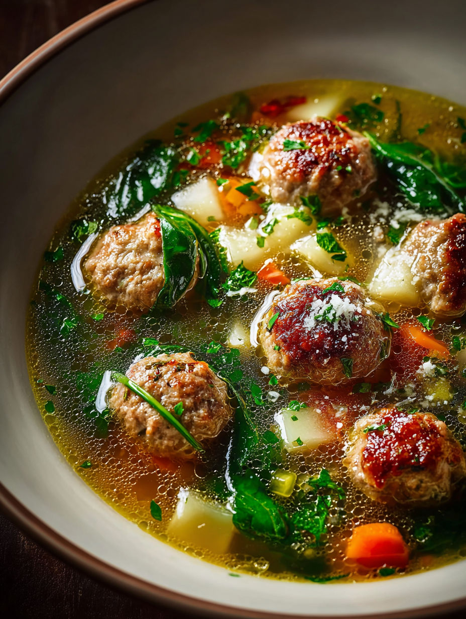 Un tazón de sopa con albóndigas y verduras.