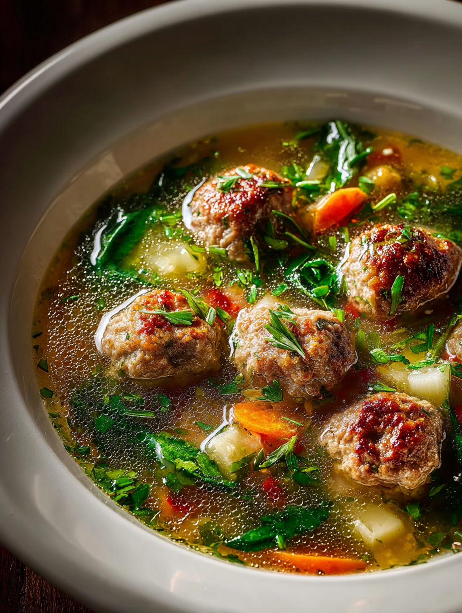 Un plato de sopa con albóndigas y verduras.