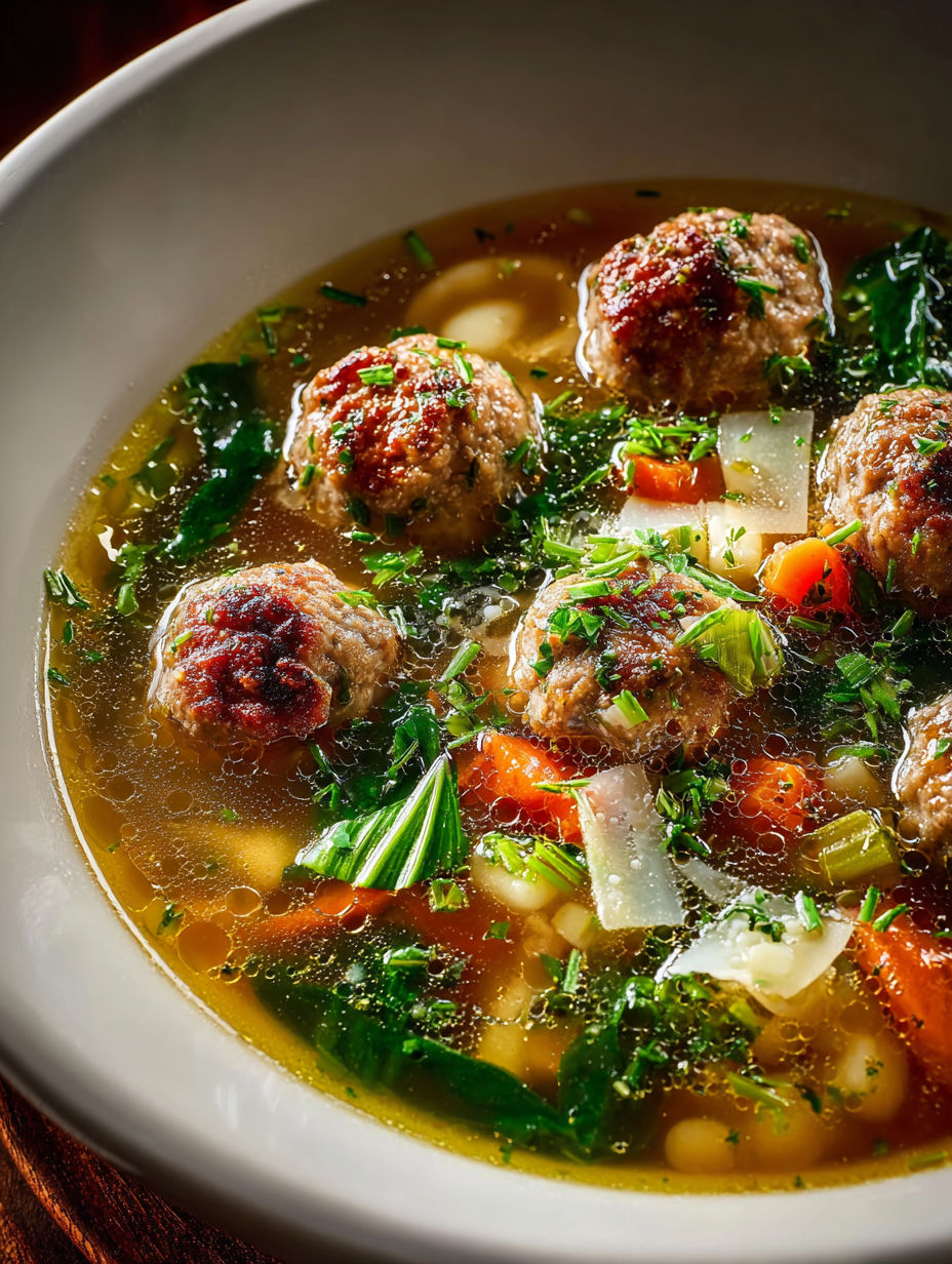 Un plato de sopa con albóndigas y verduras.