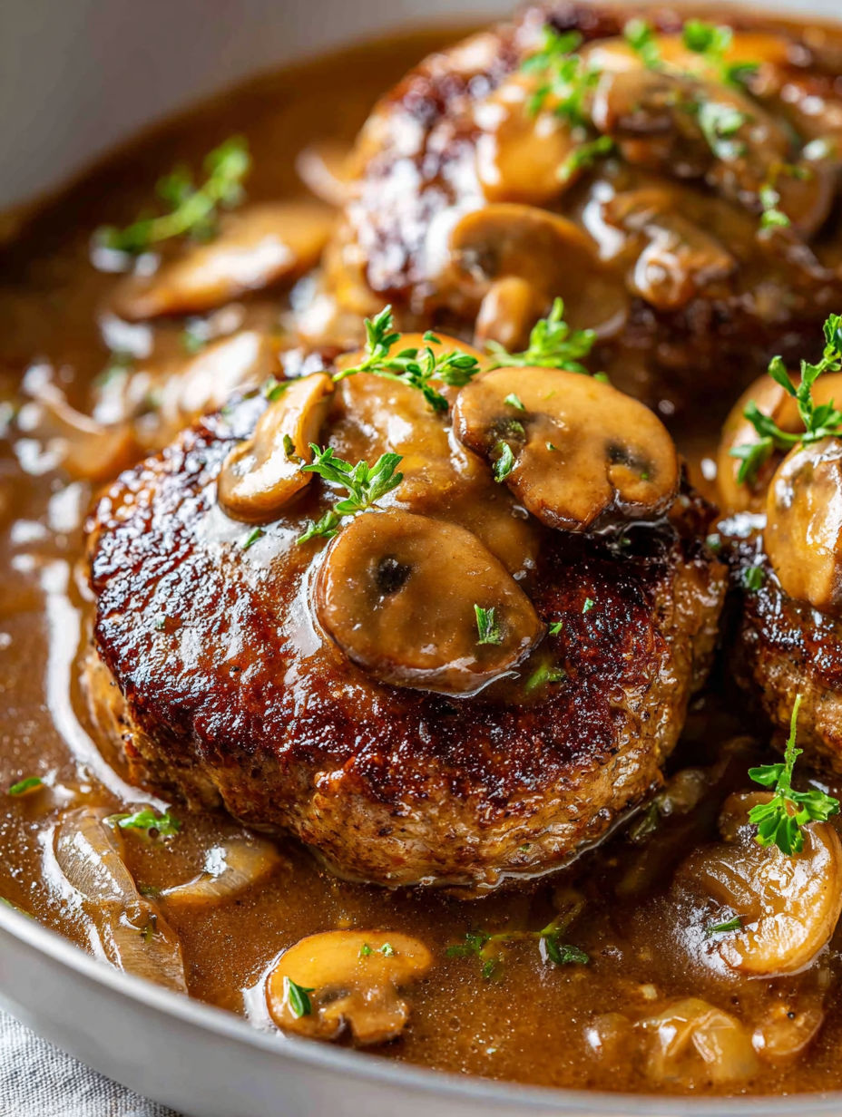 Un primer plano de un trozo de carne con champiñones encima.