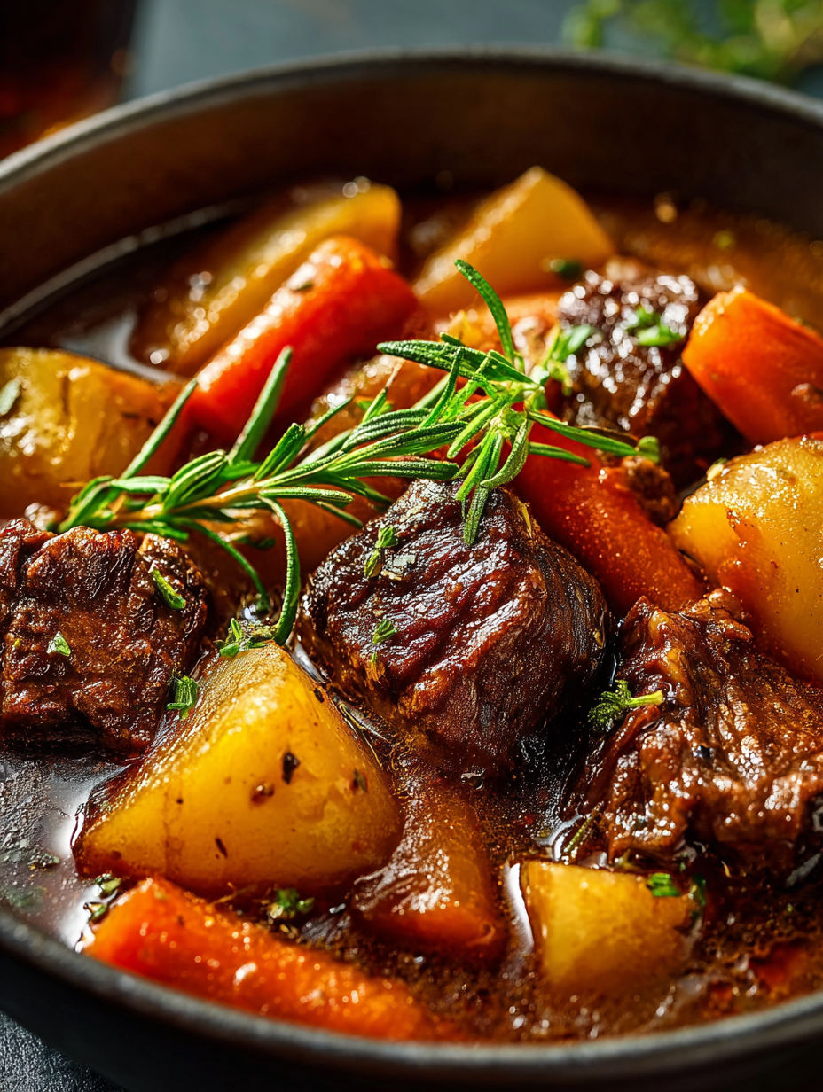 Plano cercano de estofado con carne y verduras.
