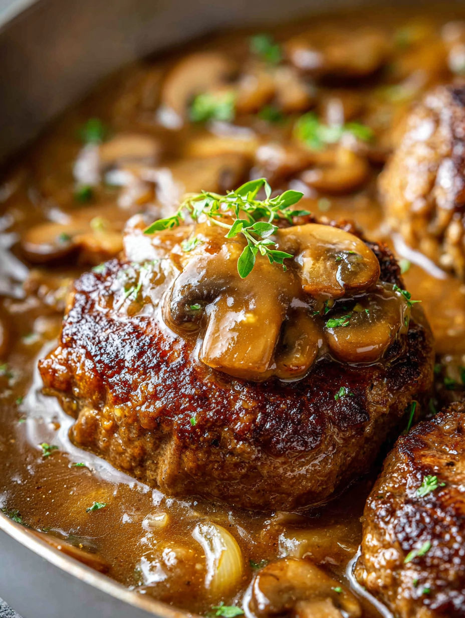 Primer plano de un trozo de carne con champiñones encima.