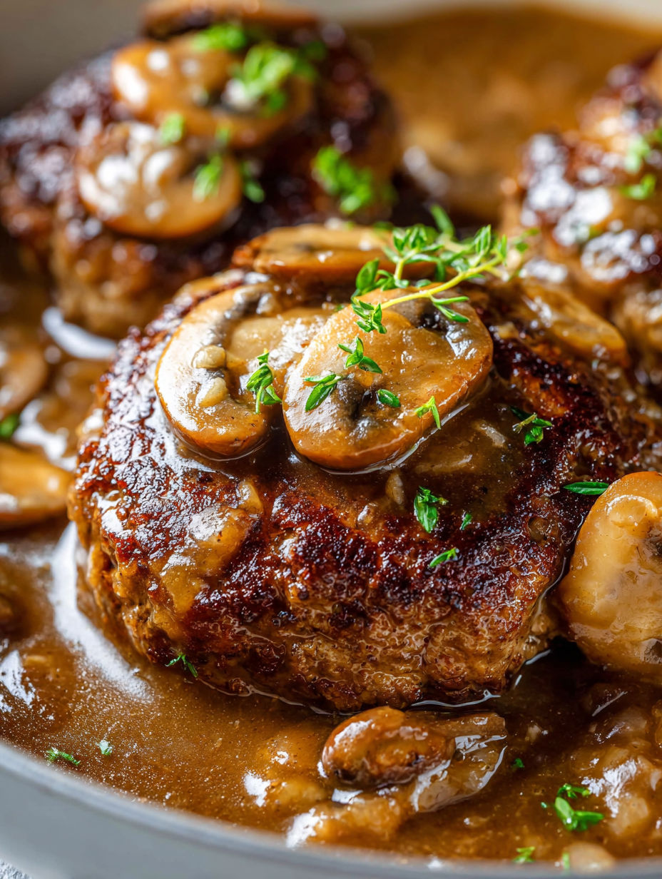 Un trozo de carne con champiñones encima.