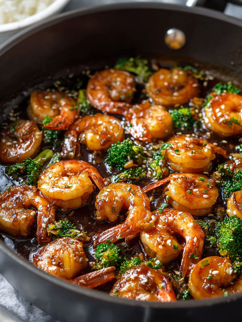 Una sartén con gambas, ajo y miel.