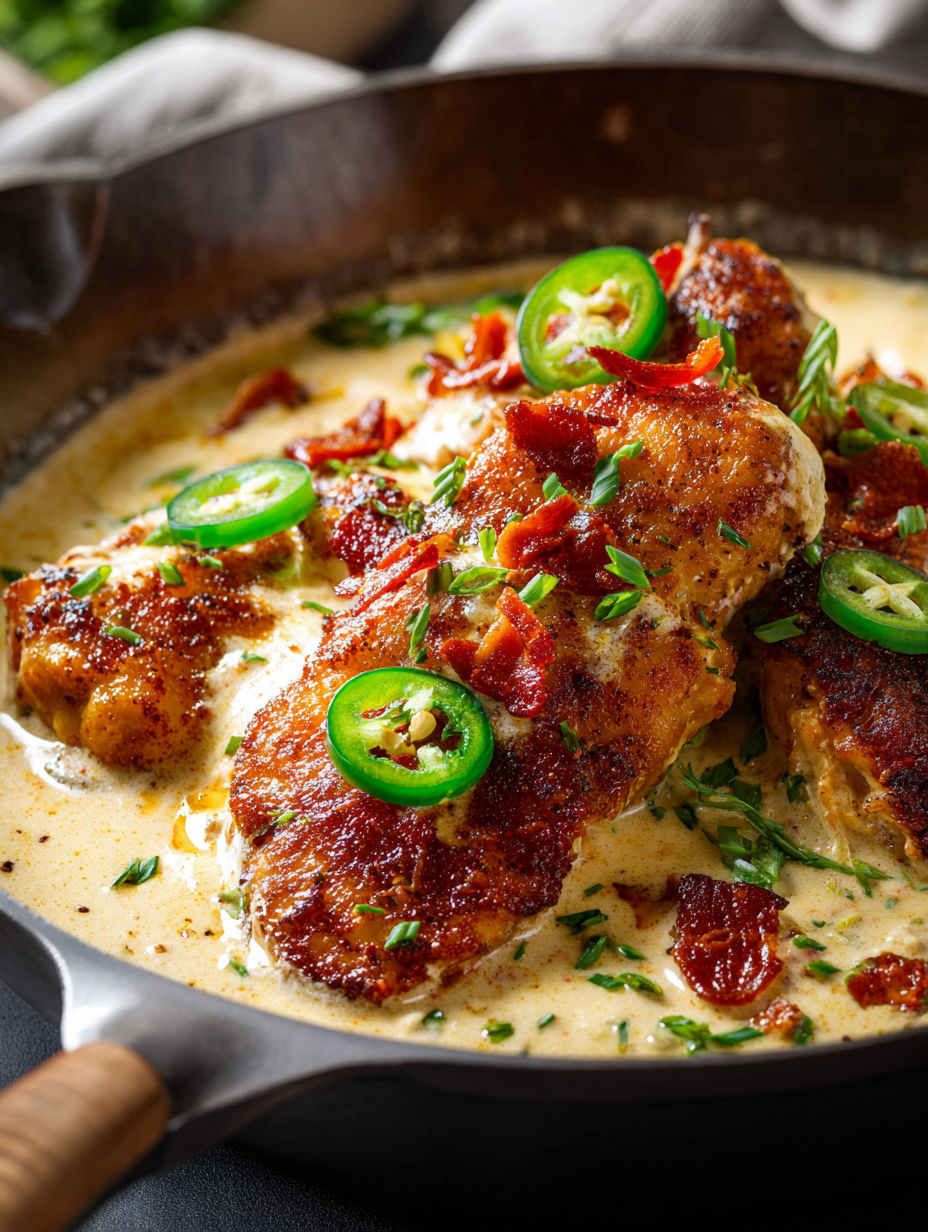 Plato de pollo con jalapeños encima.