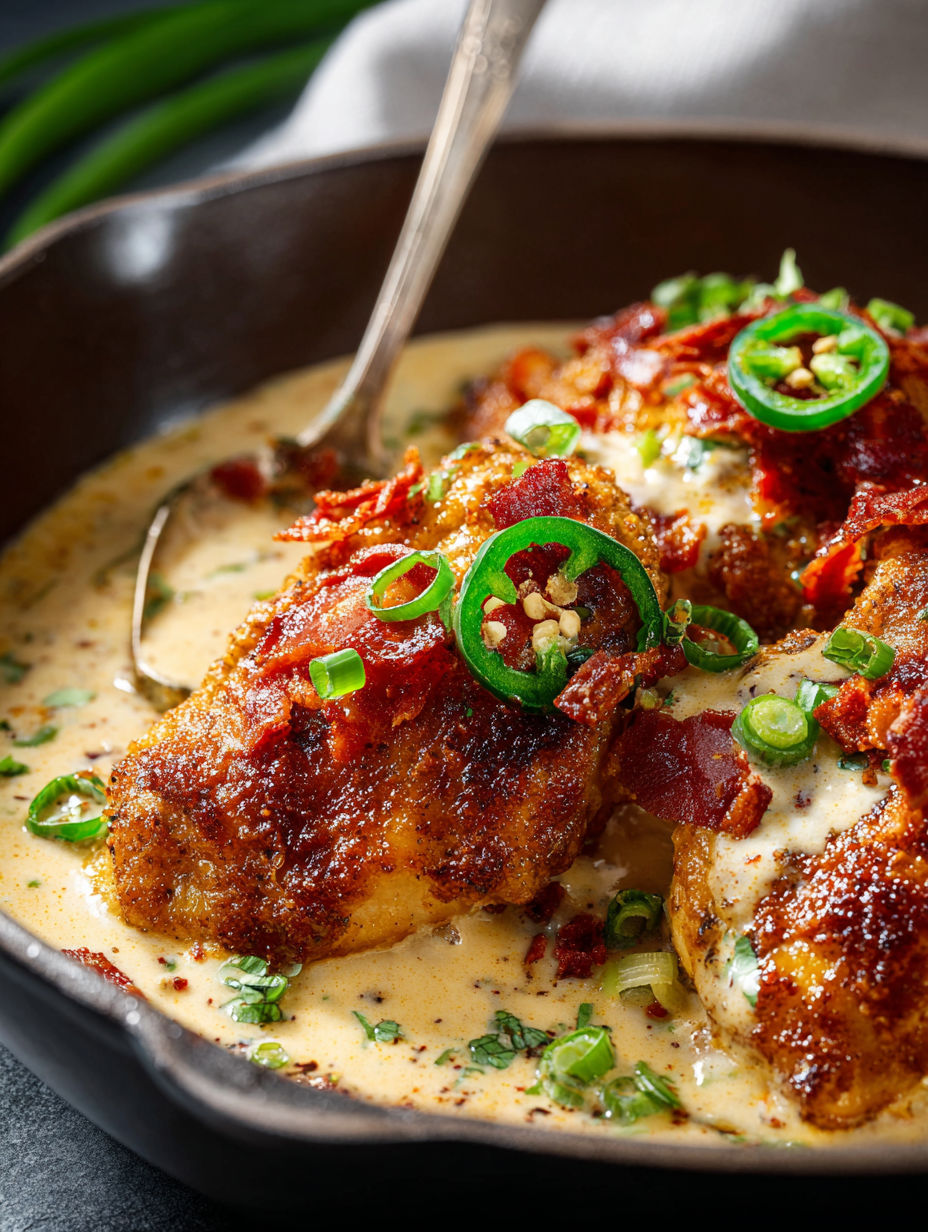Un primer plano de un plato de pollo con jalapeño poppers.