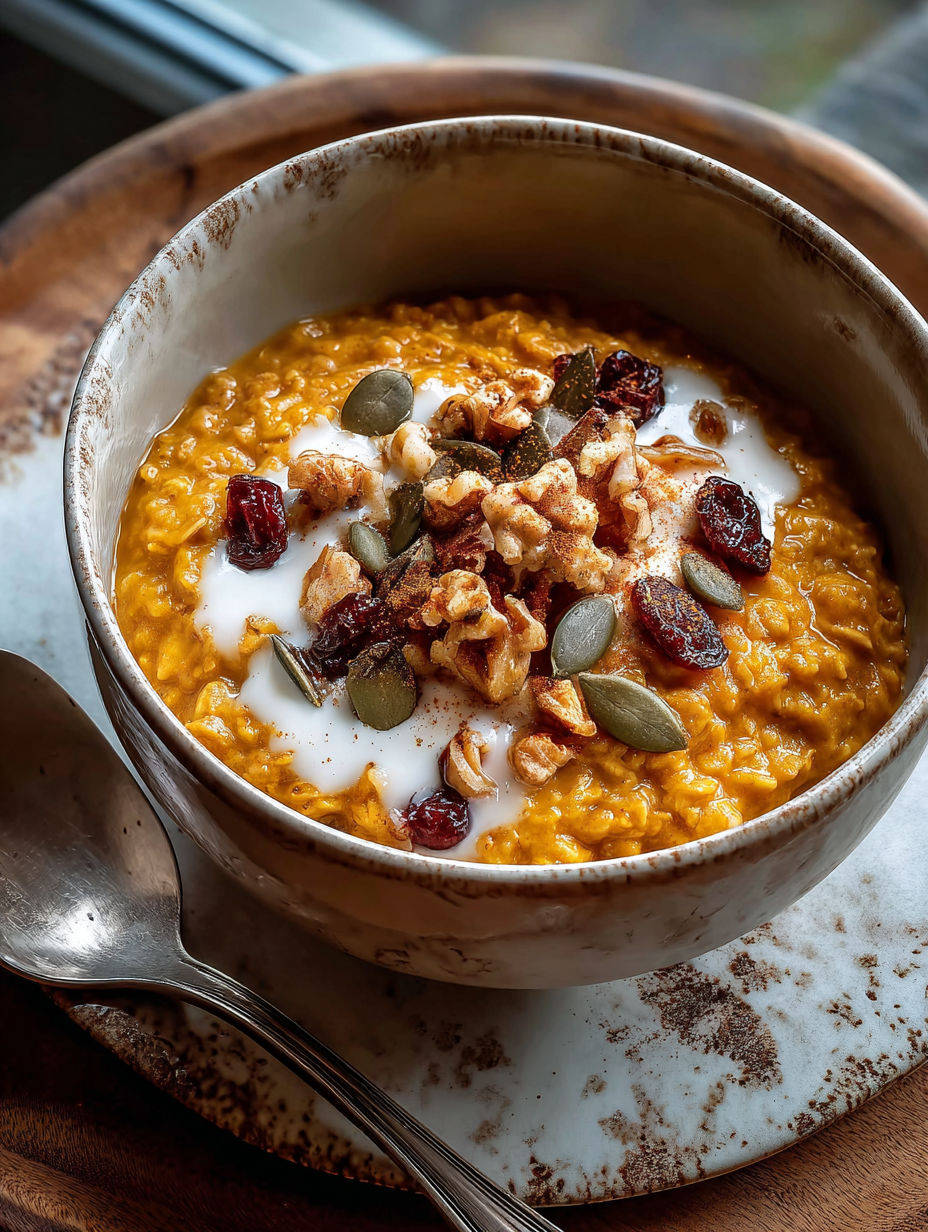 Un plato de avena caliente con calabaza y especias.