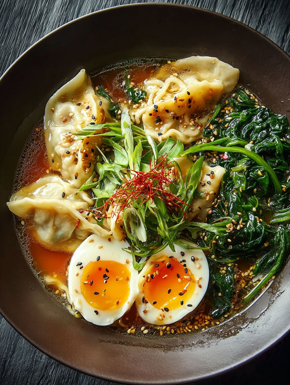 Un tazón de ramen con empanadillas sabrosas.
