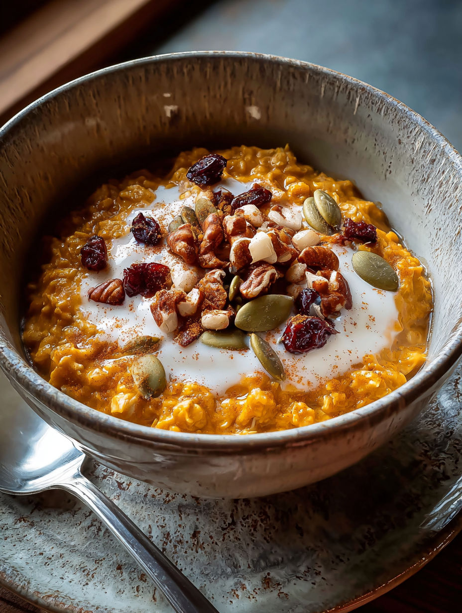 Un bol de avena caliente con calabaza y especias.