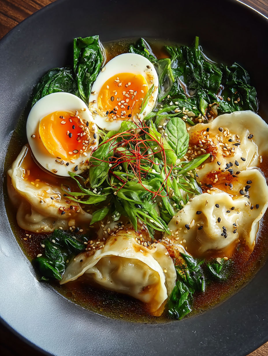 Un tazón de ramen con empanadillas sabrosas.