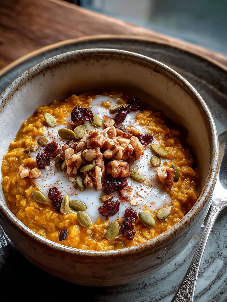 Un bol de avena con calabaza y especias bien caliente.