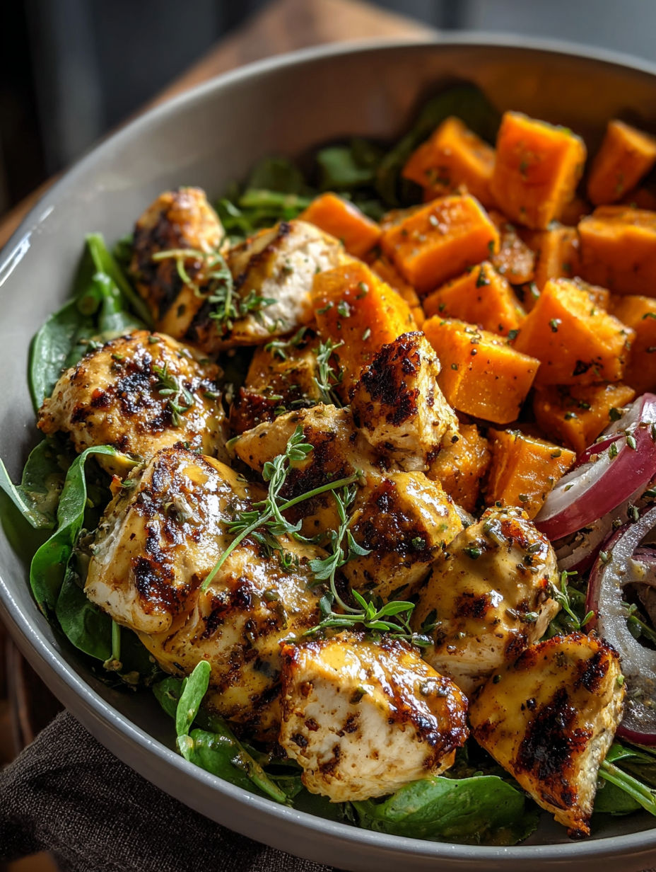 Un bol con pollo, batatas y verduras.