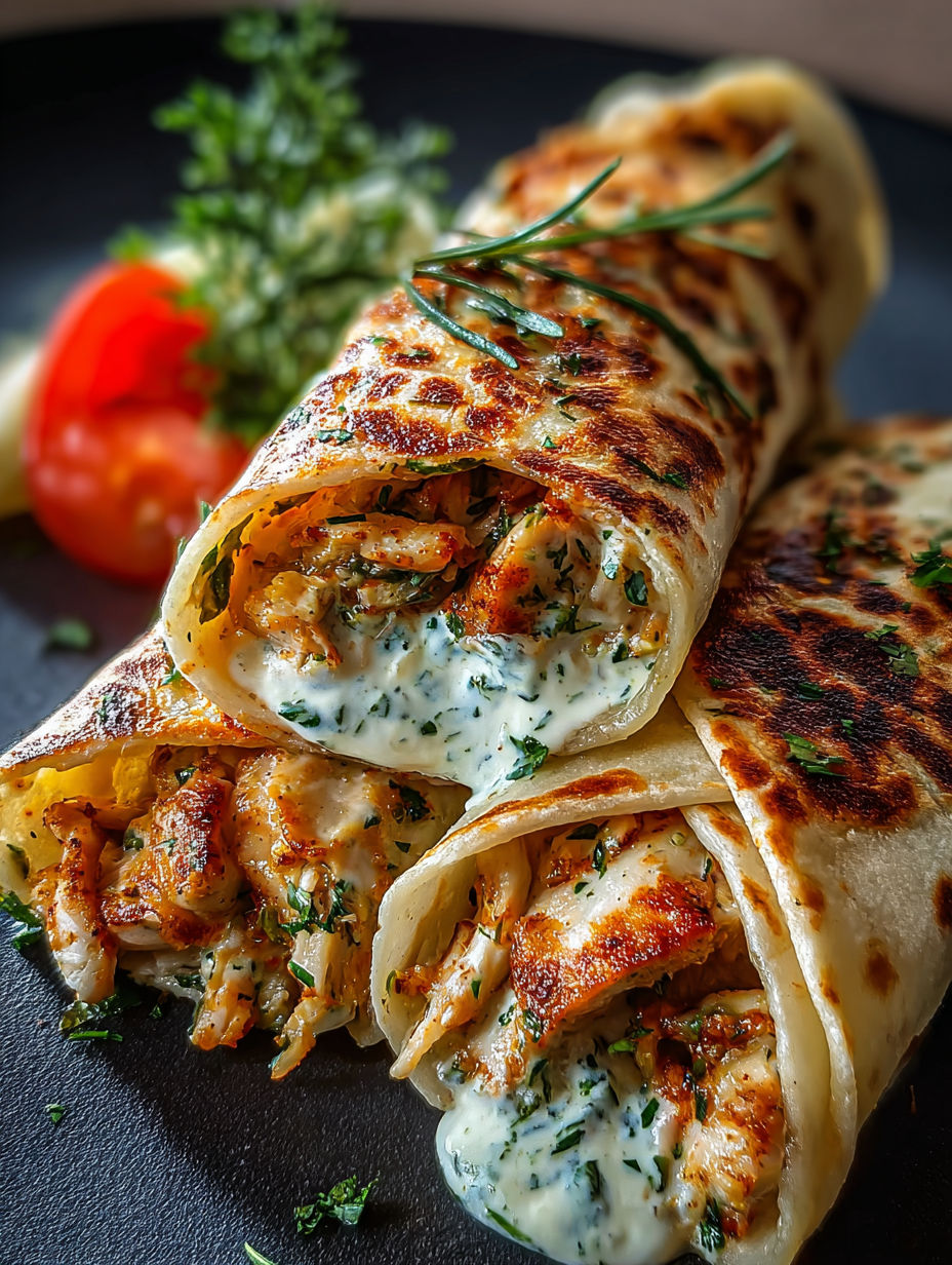 Un plato con wraps de pollo y ajo con queso derretido.