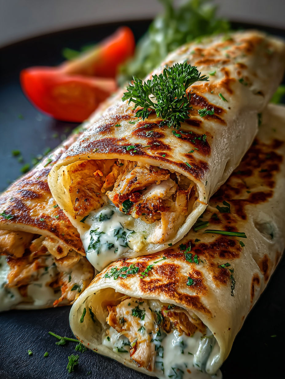 Un wrap de pollo con ajo y queso.