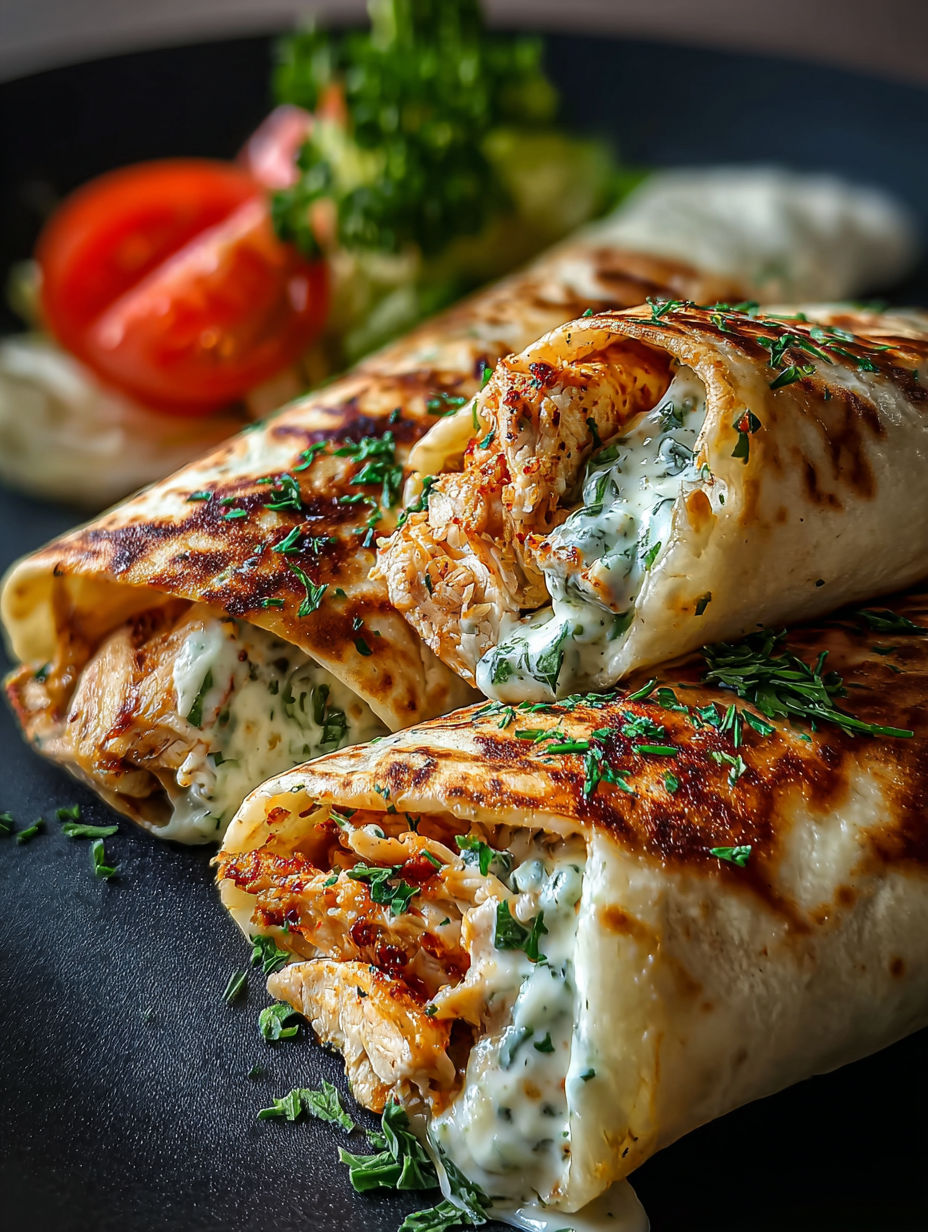 Dos wraps de pollo con ajo y queso en un plato.