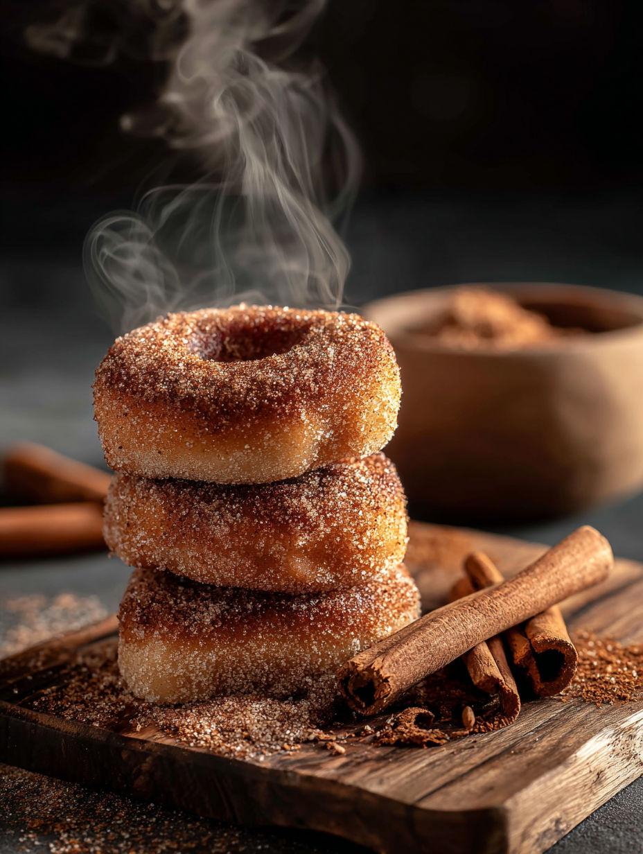Una pila de donas de canela con humo subiendo de ellas.