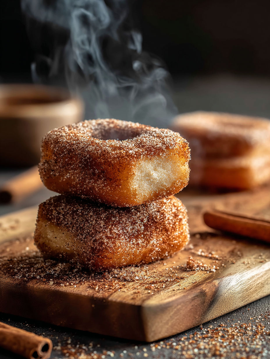 Una pila de donas con canela sobre tabla de madera.