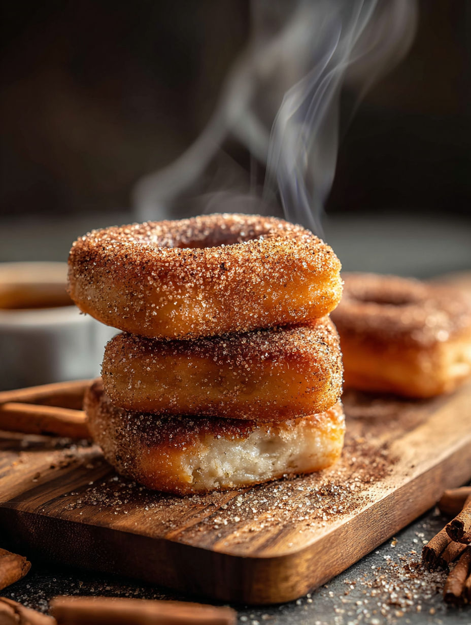 Una pila de donas con azúcar y canela.