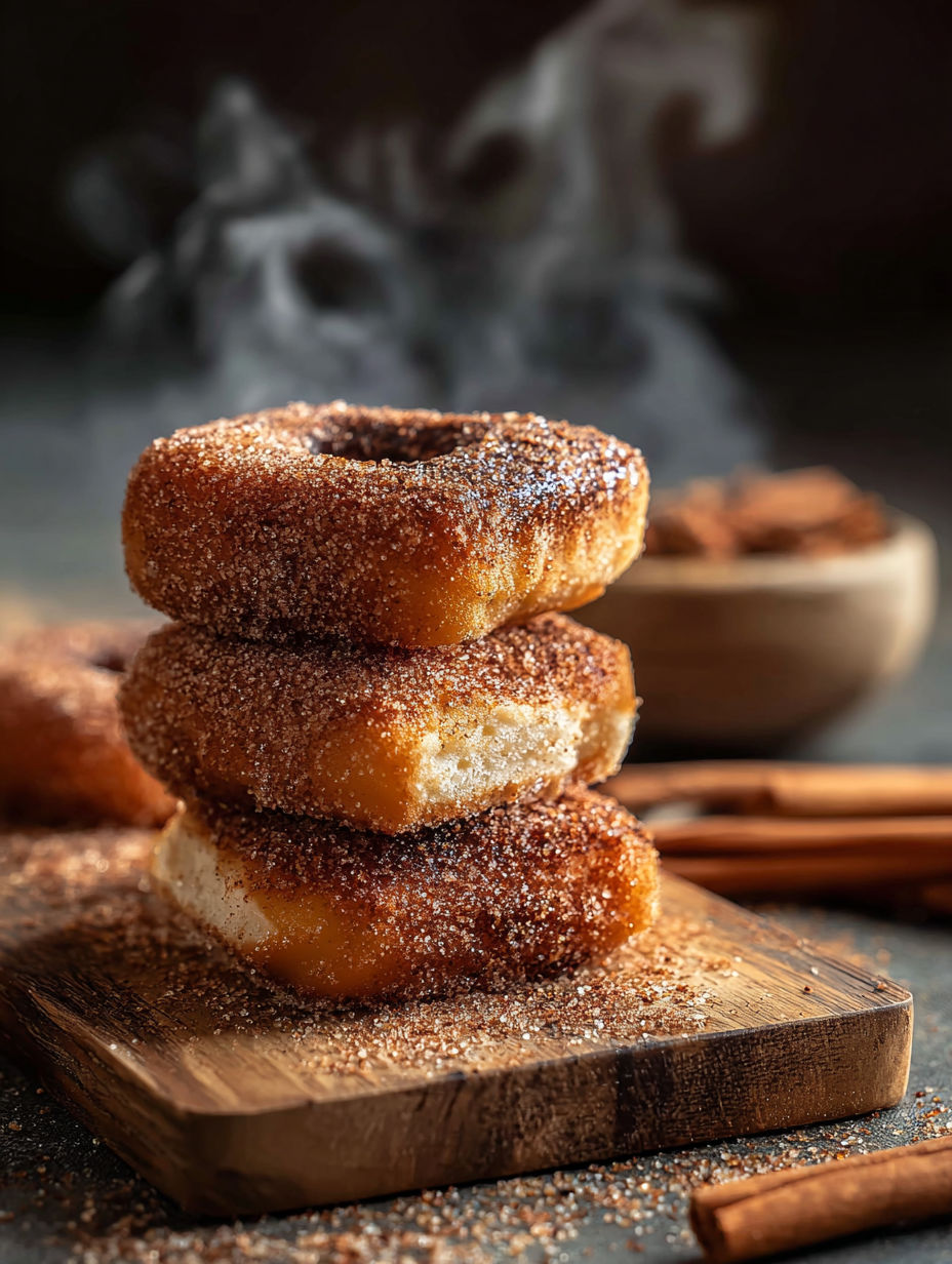 Una torre de donas de canela en una mesa.