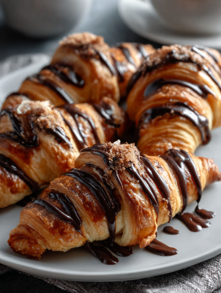 Croissants con chocolate por encima en un plato.