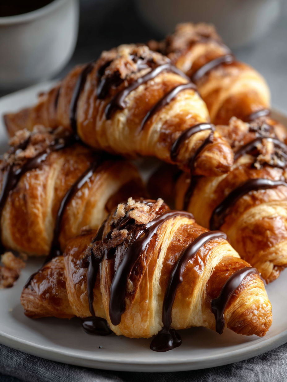 Croissants con chocolate encima en un plato.