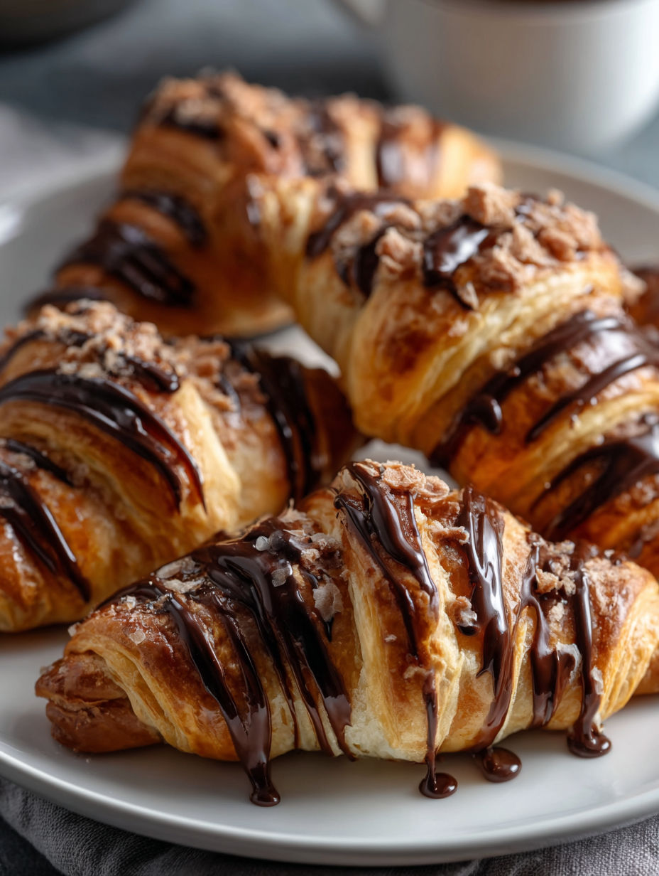 Croissants con chocolate encima en un plato.