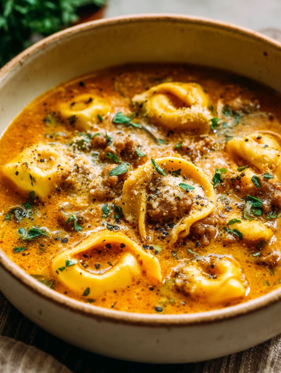 Tazón de sopa con pasta y carne adentro.