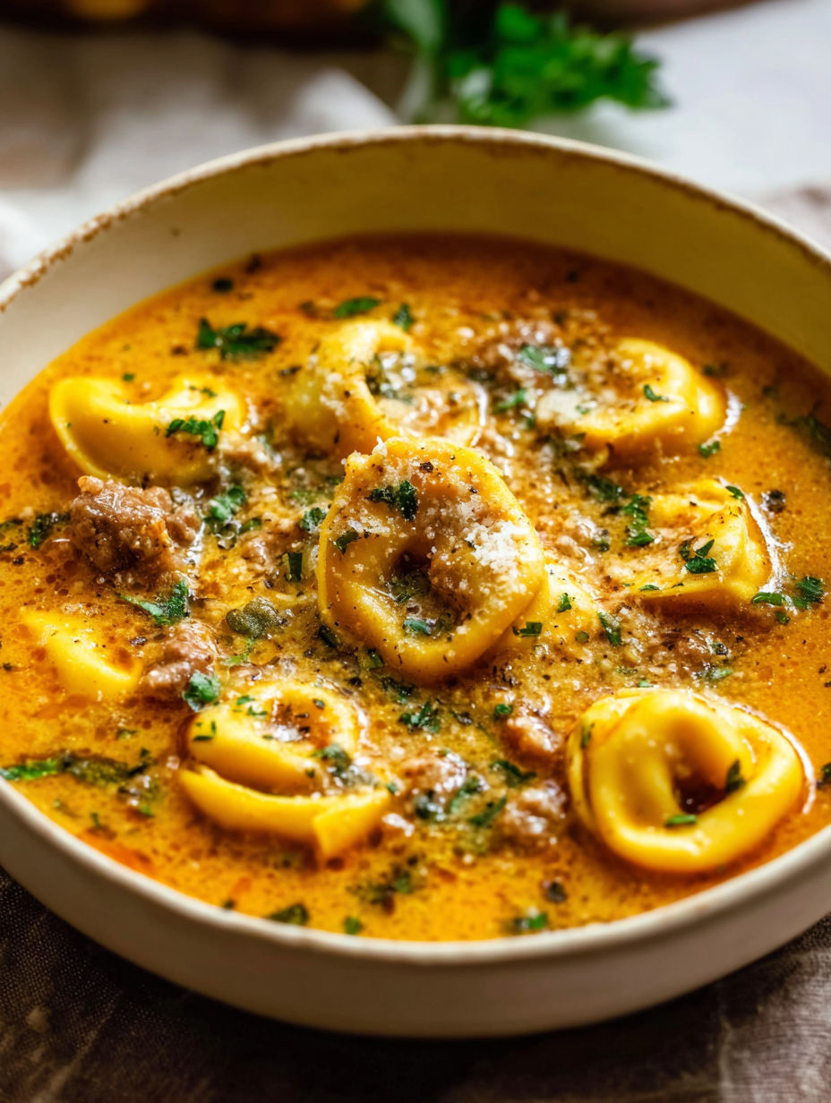 Un tazón de sopa con pasta y carne.
