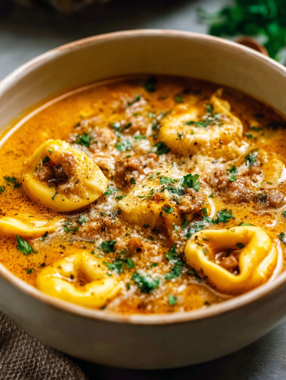 Tazón con sopa de pasta y carne.