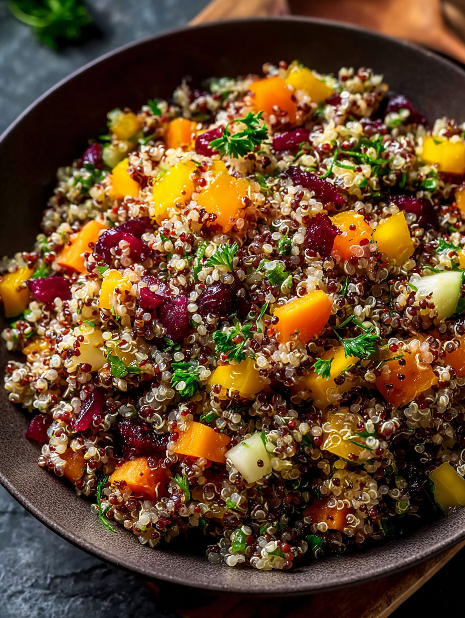 Un tazón con ensalada de quinoa y varias frutas y verduras.