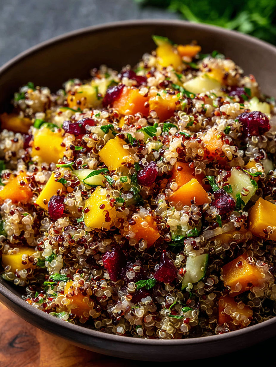 Un tazón con ensalada de quinoa y varias frutas y verduras.