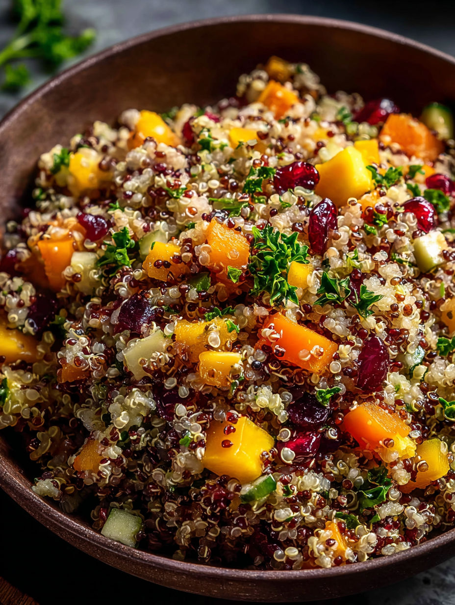 Un tazón con ensalada de quinoa y varias frutas y verduras.