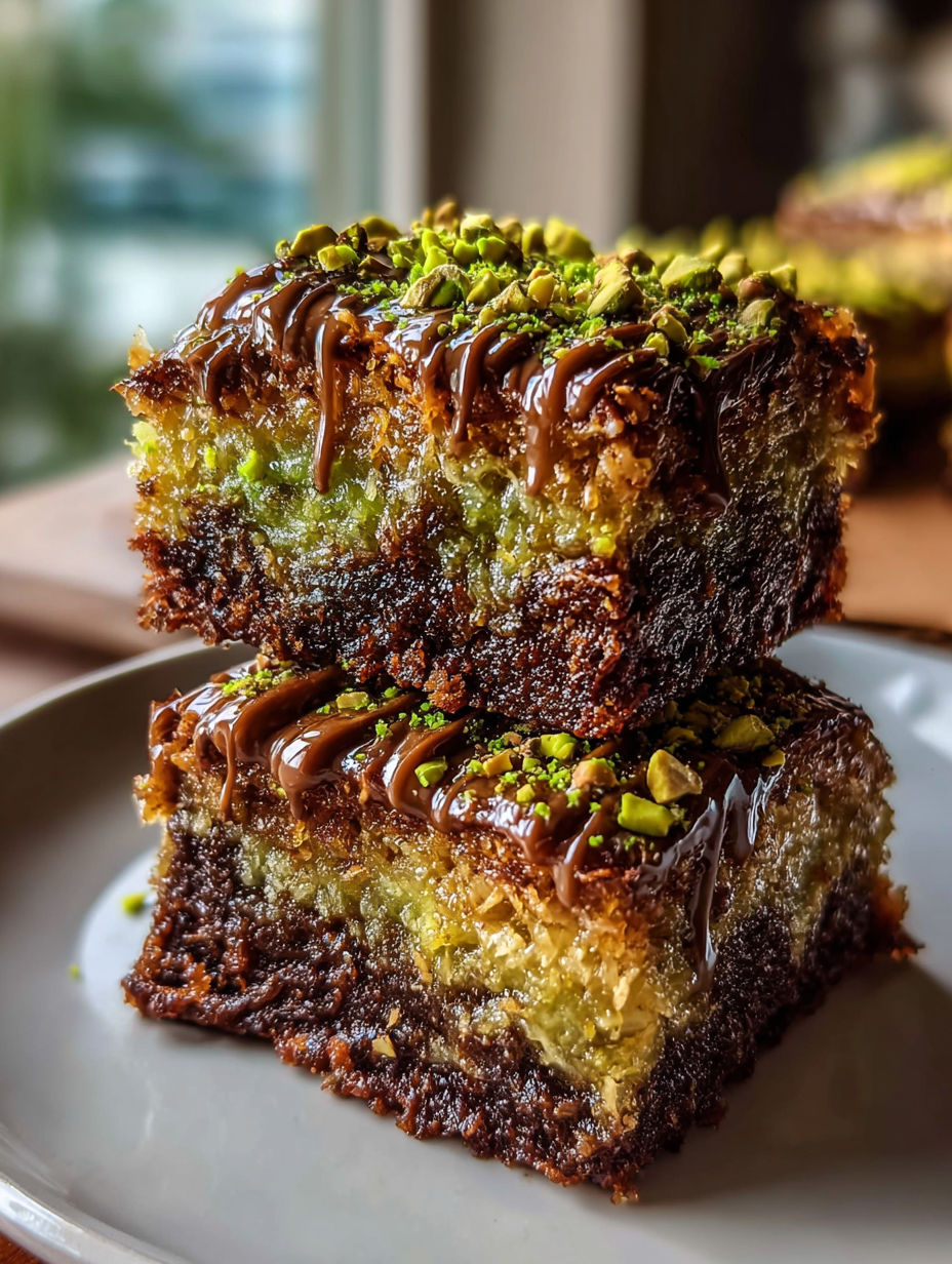 Una rebanada de brownies de kunafa con pistacho.