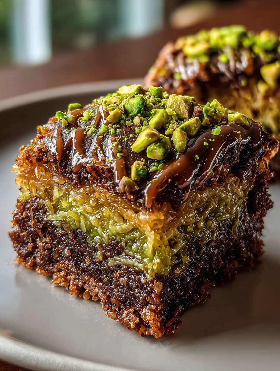 Una porción de brownies de kunafa con pistacho y un chorrito de caramelo.