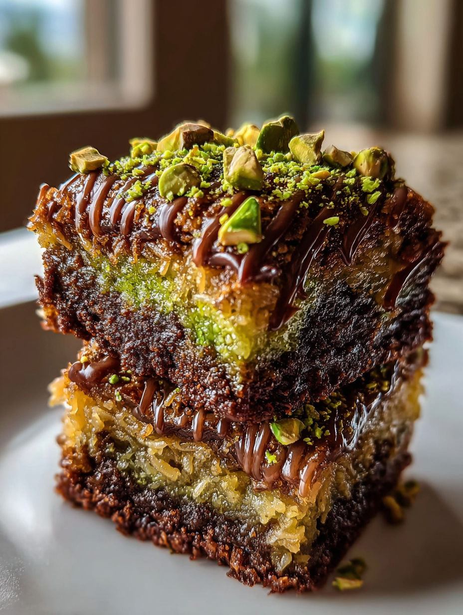 Una rebanada de brownies de kunafa con pistacho.