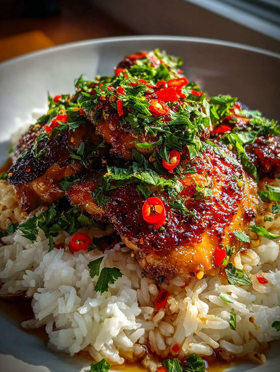 Pollo picante con jarabe de arce y arroz de coco