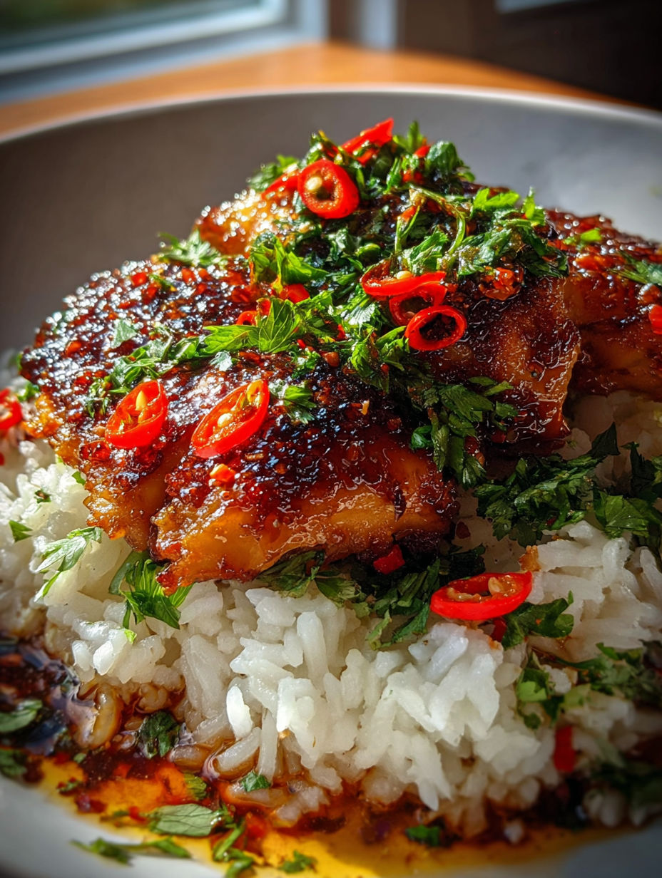 Pollo picante con jarabe de arce y arroz de coco