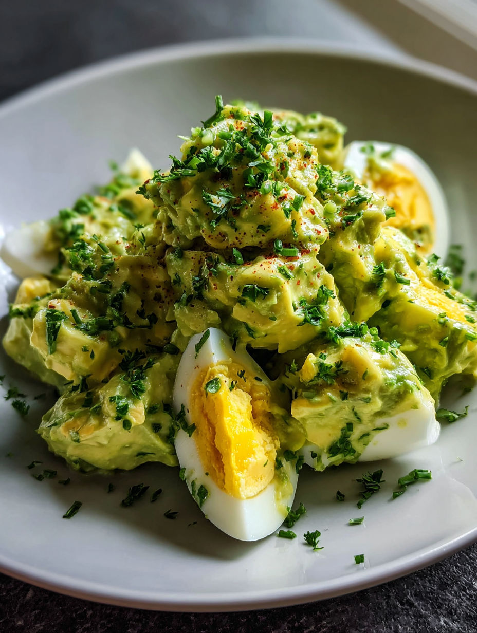 Un plato con ensalada cremosa de aguacate y huevo.