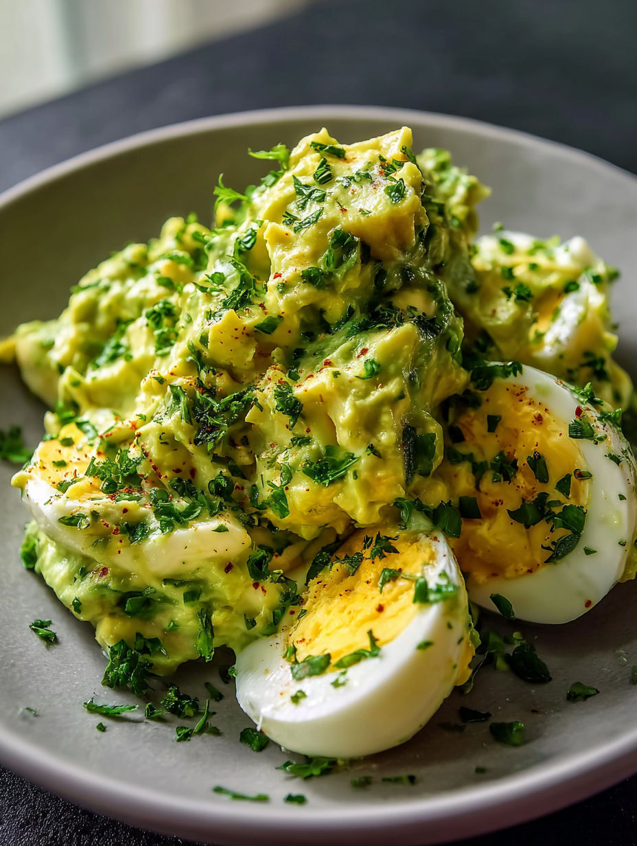 Un plato con ensalada cremosa de huevo y aguacate.