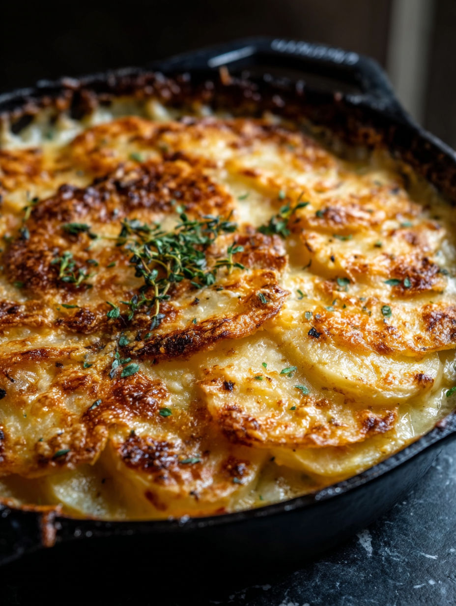 Un gratinado de patatas en olla negra.