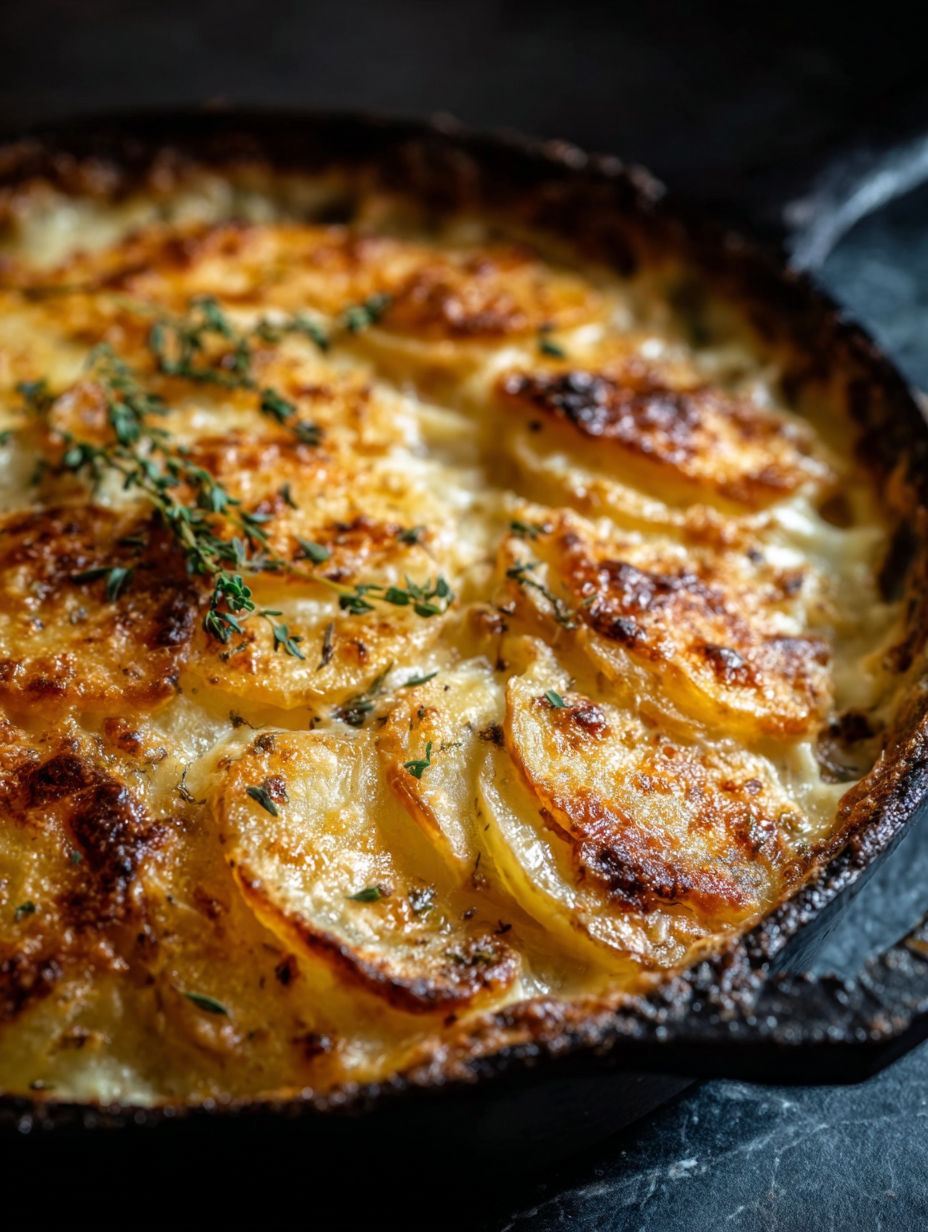 Gratinado de papas con queso y hierbas.