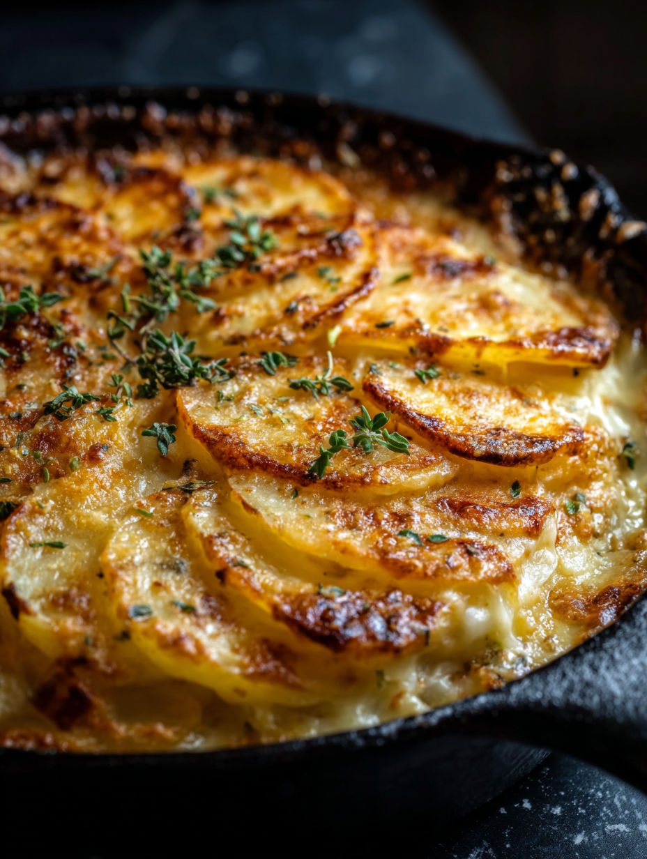 Primer plano de gratinado de papas.