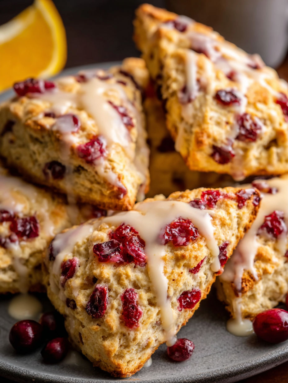 Una torre de scones con naranja y arándanos.
