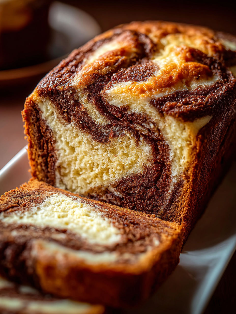 Rebanada de pan de plátano con remolino de queso crema y canela.