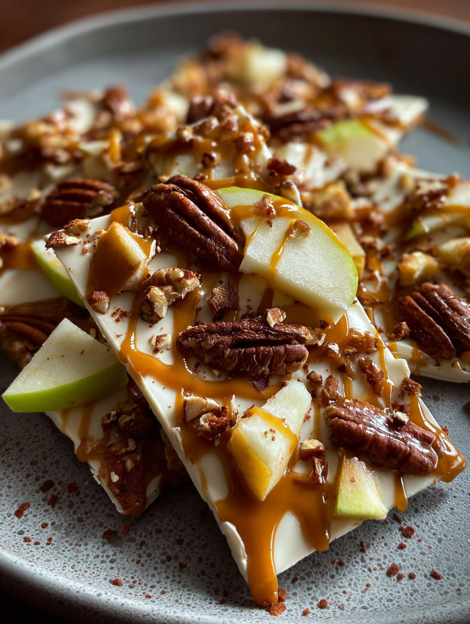 Primer plano de caramelo con manzana y pacanas.