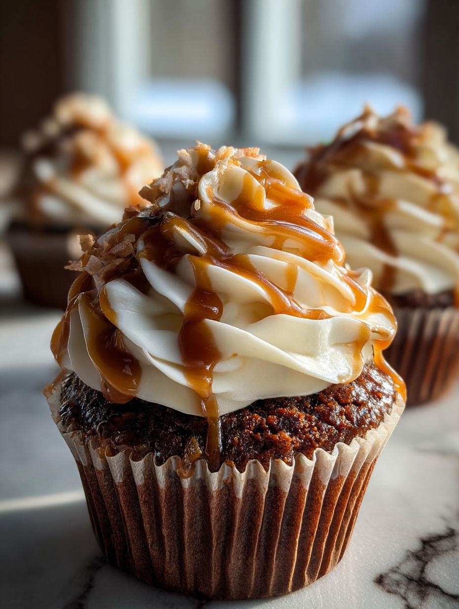 Cupcake con salsa de caramelo y crema batida.