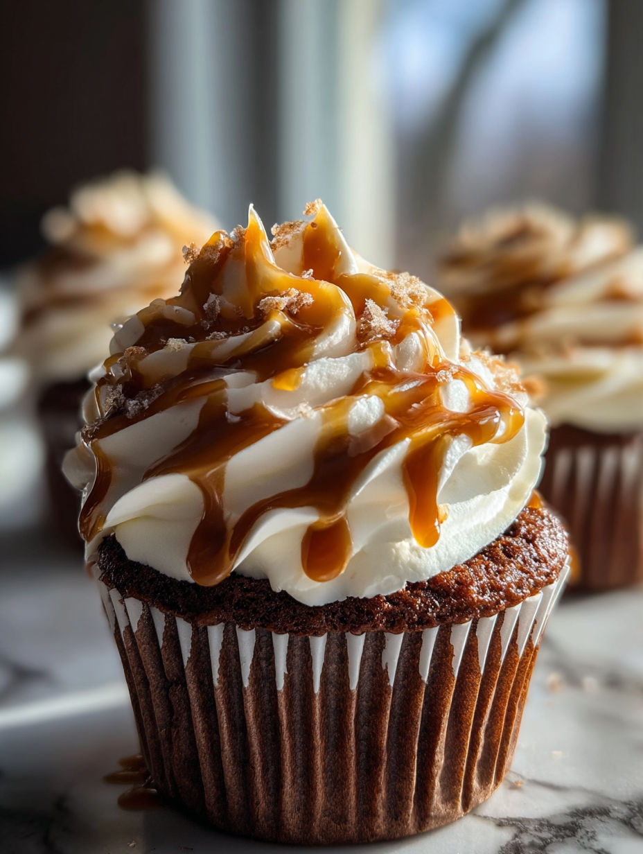 Cupcake con salsa de caramelo y crema batida.