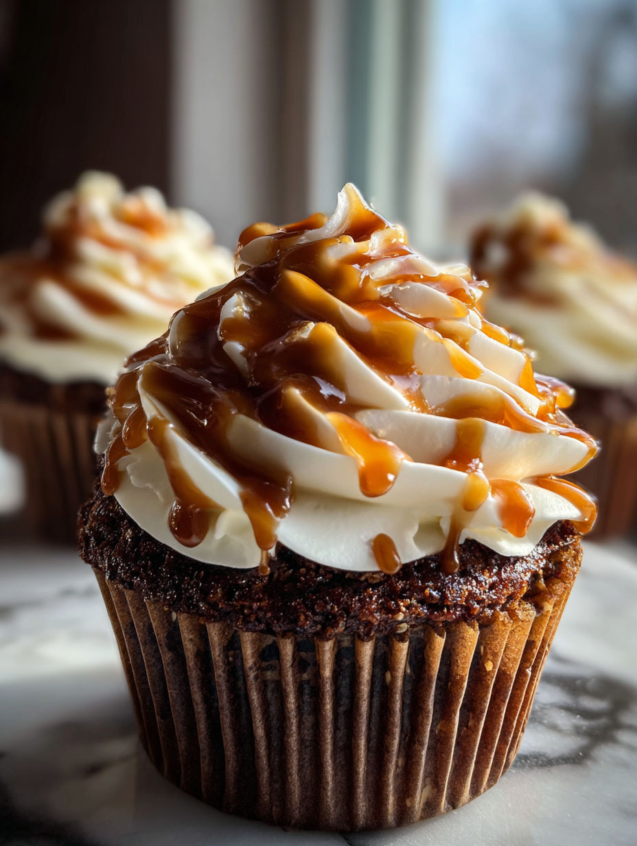 Cupcake con salsa de caramelo y crema batida.